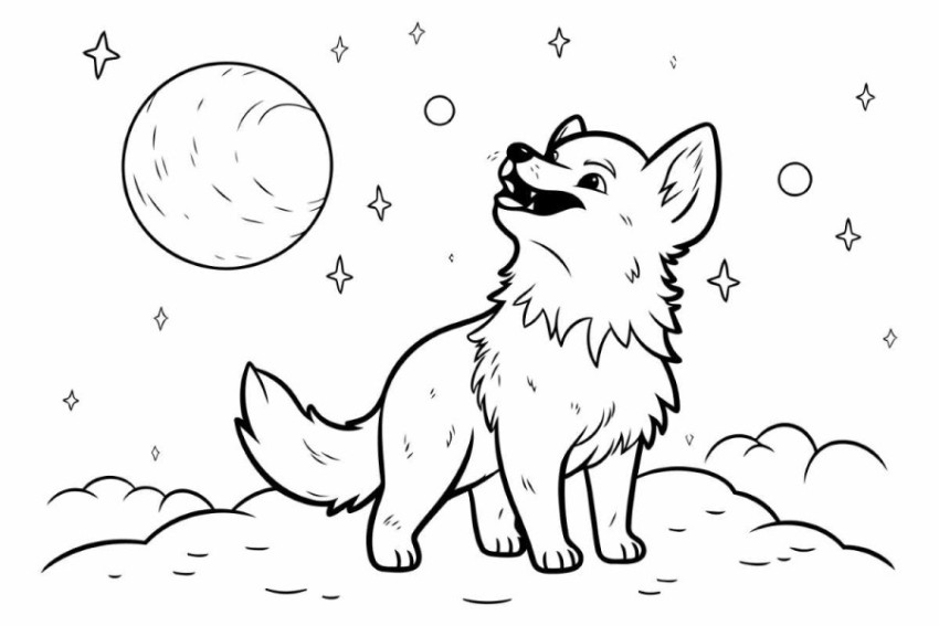 Cute dog with moon and stars for coloring book.