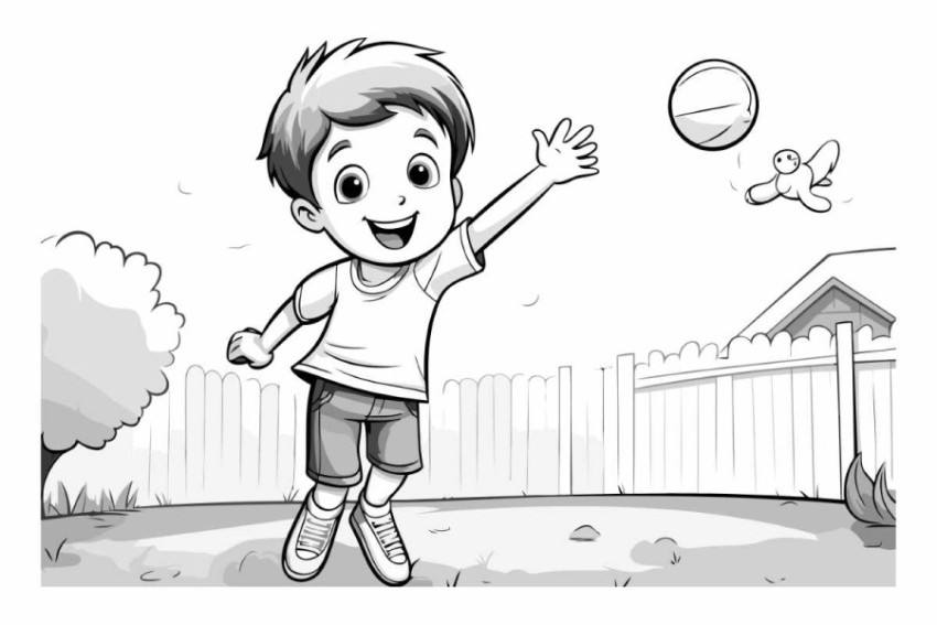 Boy playing soccer in the garden illustration. Black and white v