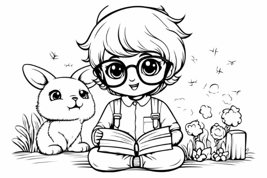 Black and White Cartoon Illustration of Cute Little Boy Reading