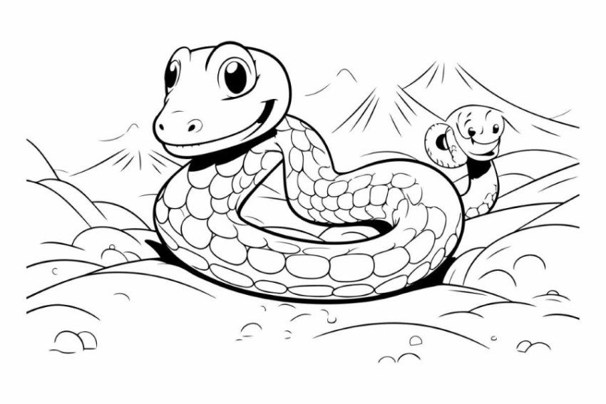 Black and White Cartoon Illustration of Snake Animal Character C