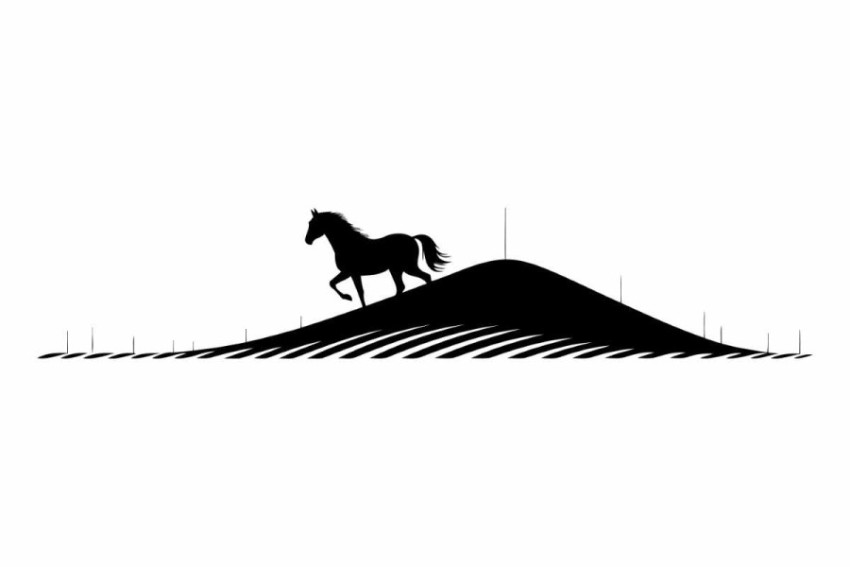 Silhouette of a horse on a hill.