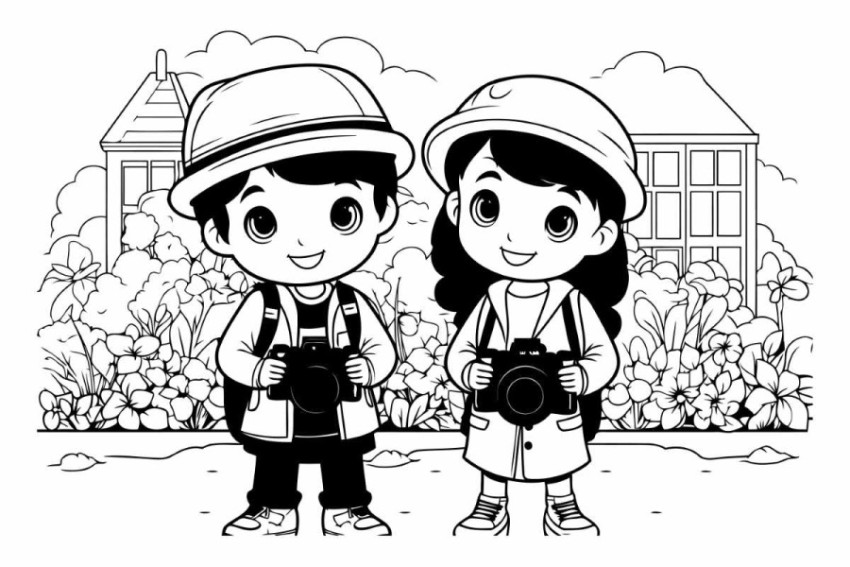 Boy and girl with camera in front of house cartoon vector illust