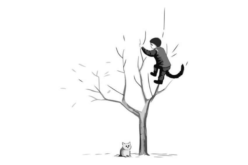 Vector illustration of a man climbing a tree with cat in the bac