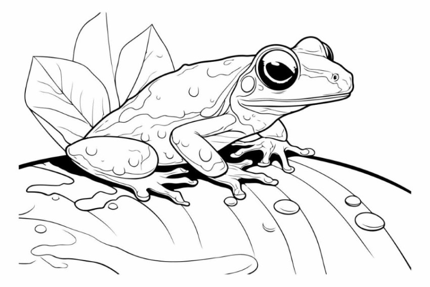 illustration of a frog on a background of leaves. coloring book