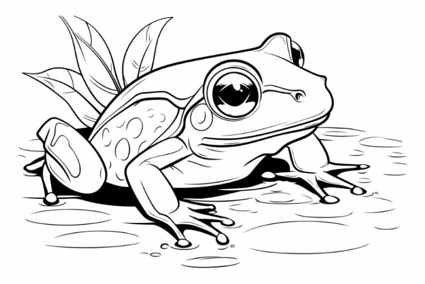 Frog on the water. Black and white vector illustration for color