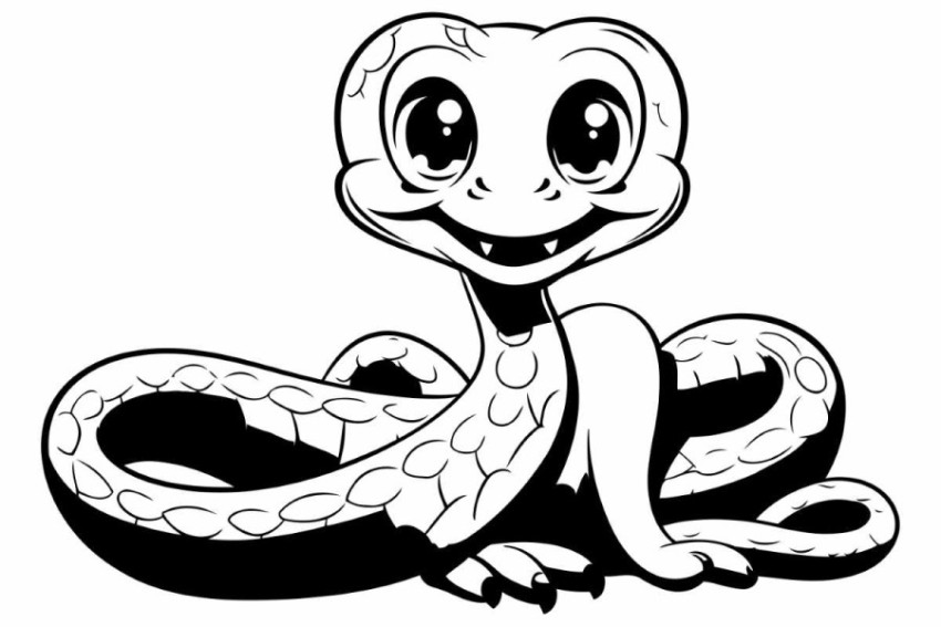 Cute Snake - Black and White Cartoon Illustration. Vector Art