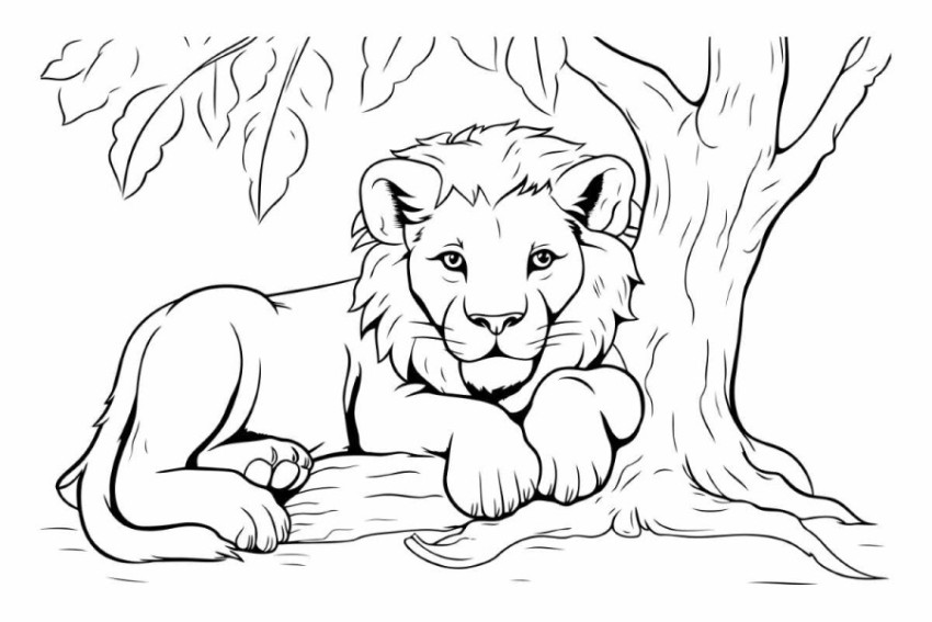 Lion lying in the tree. Black and white vector illustration.