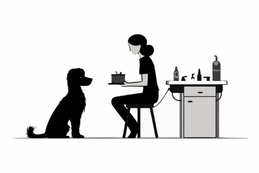 Silhouette of a woman with a dog in a beauty salon.