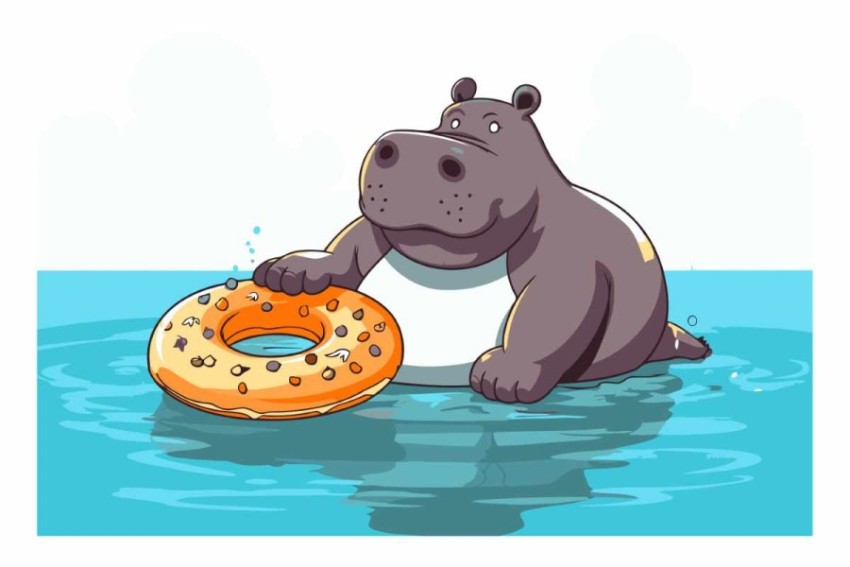 Hippo with donut in the water.