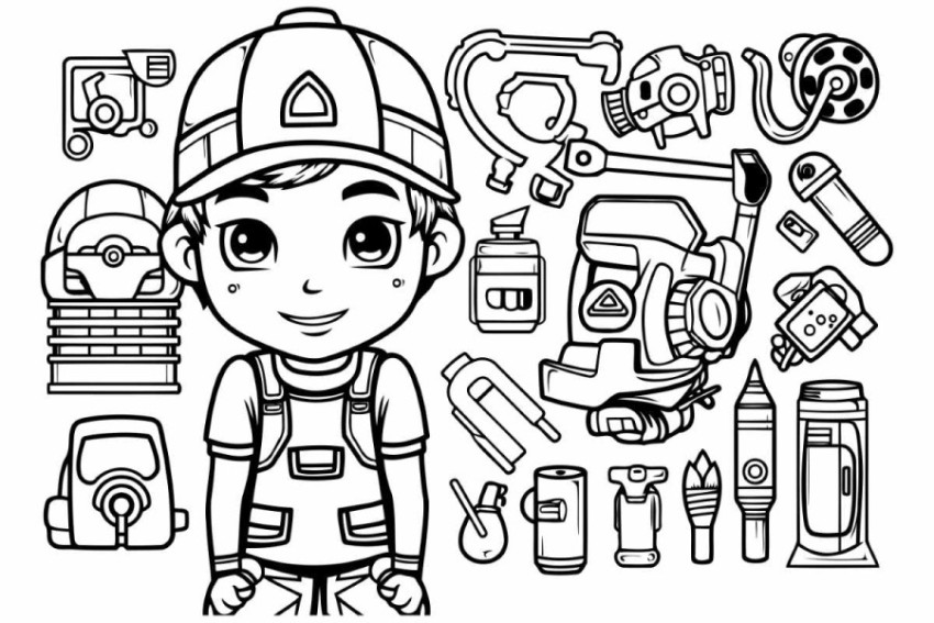 Cute little boy in a firefighter uniform for coloring book.