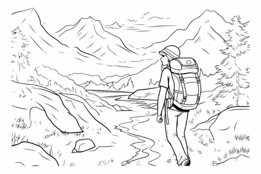 Hiker in the mountains. Black and white illustration for colorin