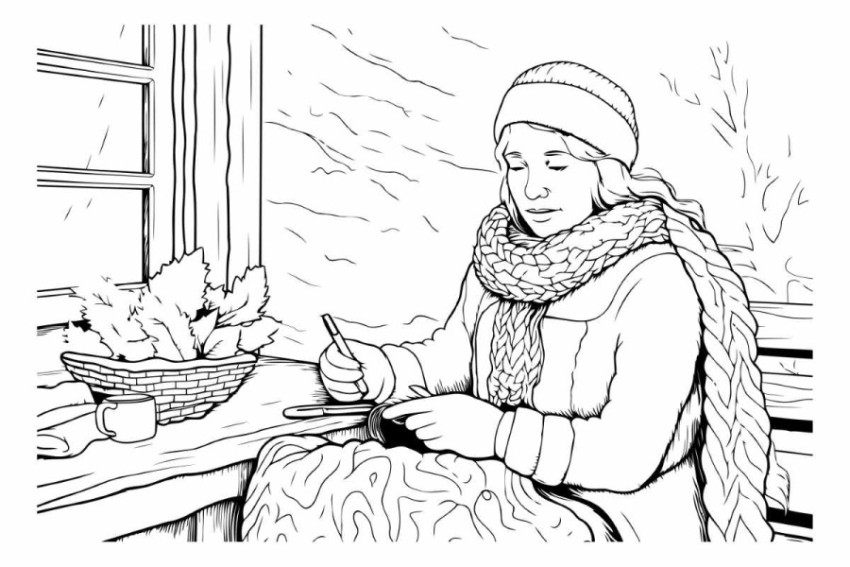 A girl in a warm sweater and scarf sits at the table and writes