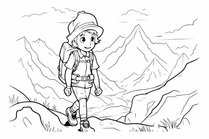 Hiking boy in mountains. Black and white vector illustration for