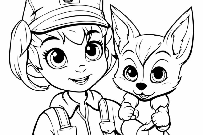 Black and White Cartoon Illustration of Cute Little Girl and Fox