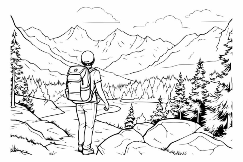 Hiker with a backpack on a mountain trail. sketch vector illustr