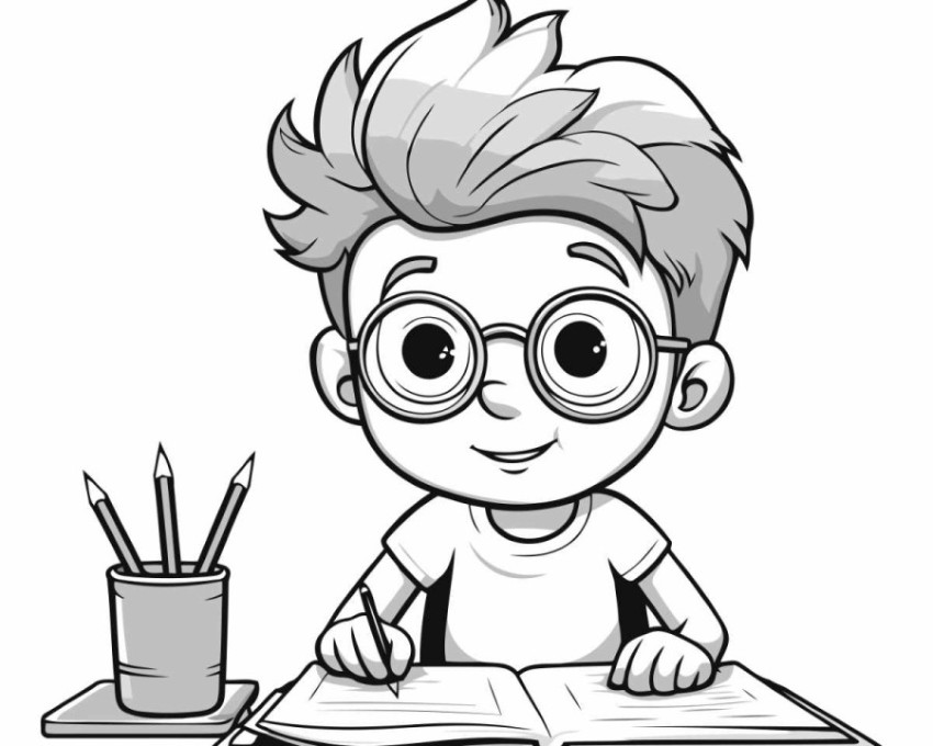 Vector illustration of Cartoon boy with glasses writing in a boo