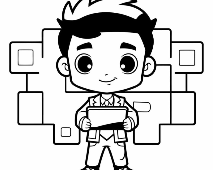 Black and White Cartoon Illustration of Kid Boy with Tablet Comp