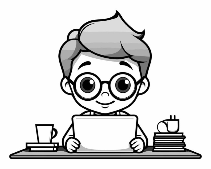 Boy Using Laptop - Black and White Cartoon Style Vector Illustra