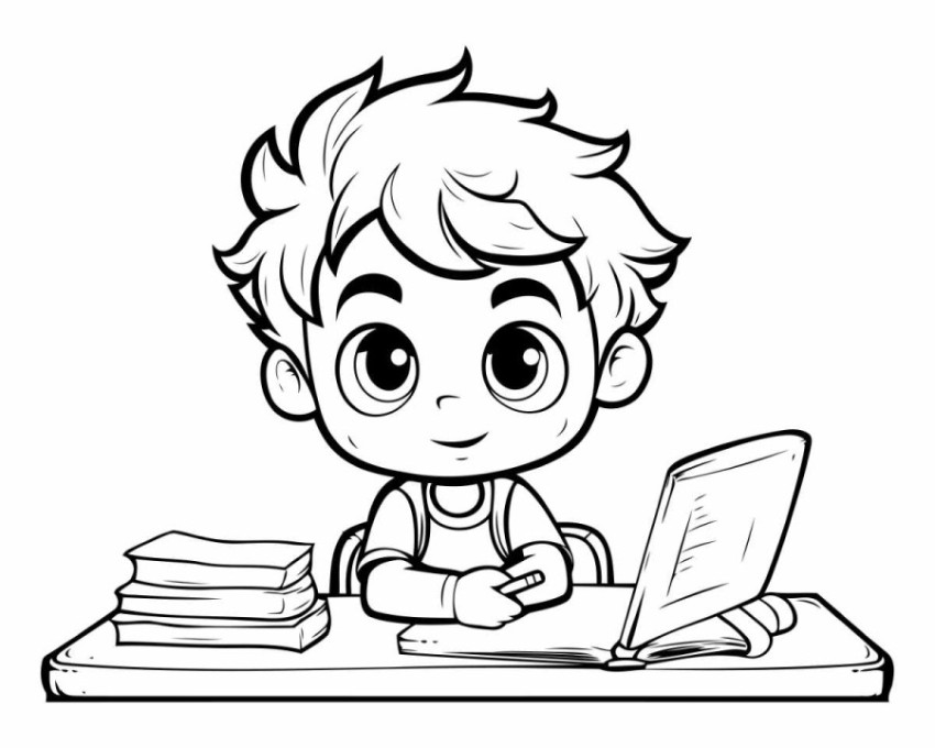 Boy with Laptop - Black and White Cartoon Illustration. Vector