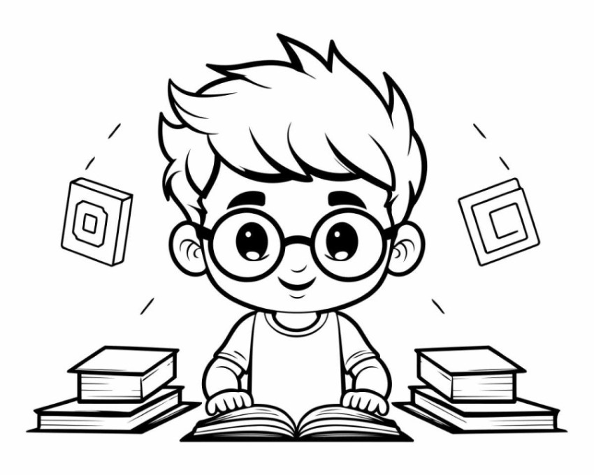 Black and White Cartoon Illustration of Little Boy Studying or L