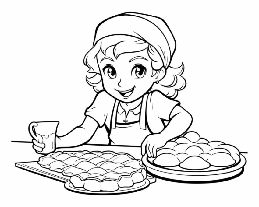 Black and White Cartoon Illustration of Little Girl Cooking Past