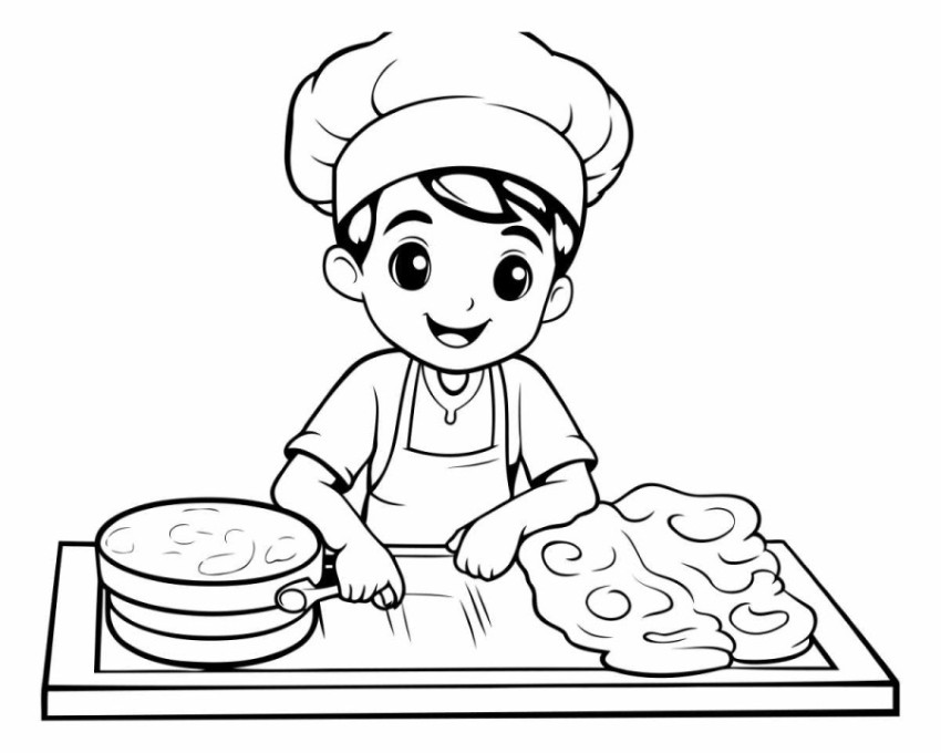 Black and White Cartoon Illustration of Cute Little Boy Chef Coo