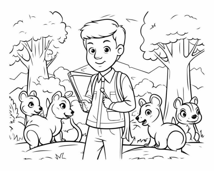 Coloring Page Outline Of a Camping Boy with his pets