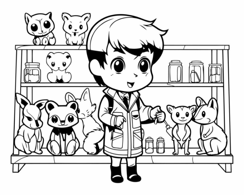 Cute little boy in the pet store. Black and white vector illustr