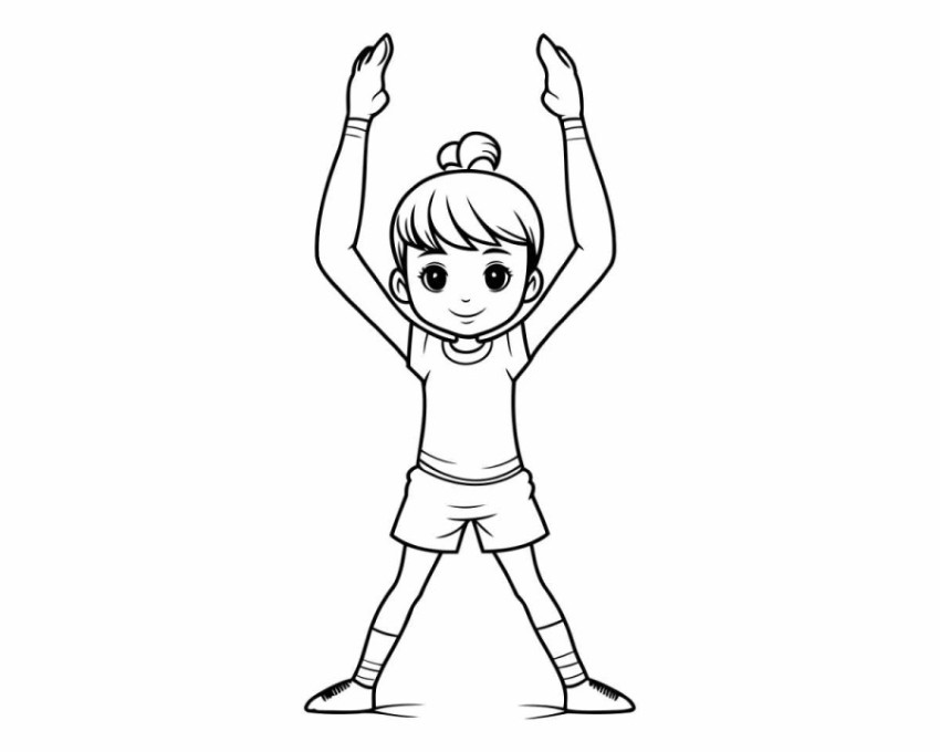 Cartoon little girl doing yoga exercise for coloring book.