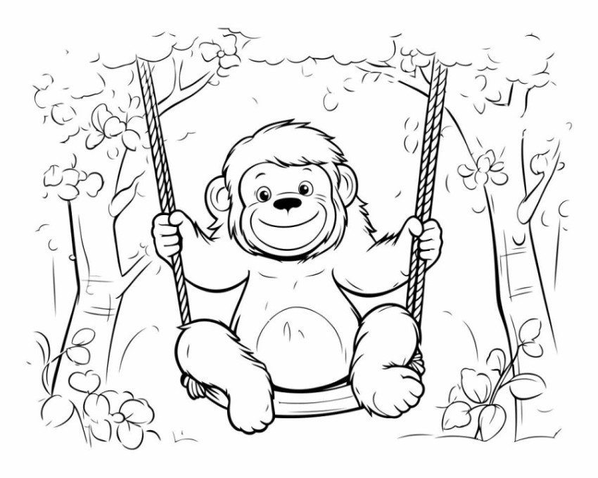 Monkey swinging on a swing in the forest.