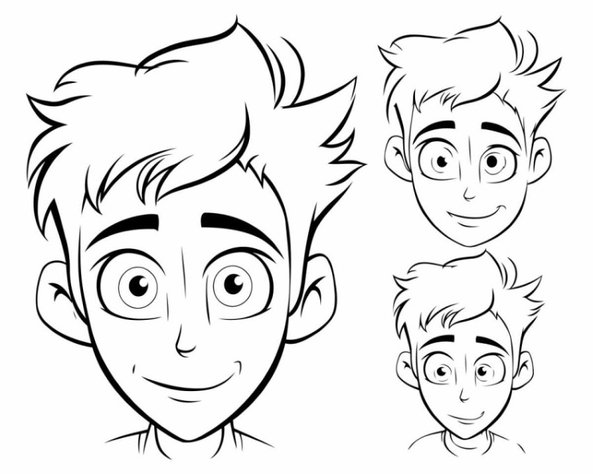 Outline of a boy with different facial expressions on a white ba