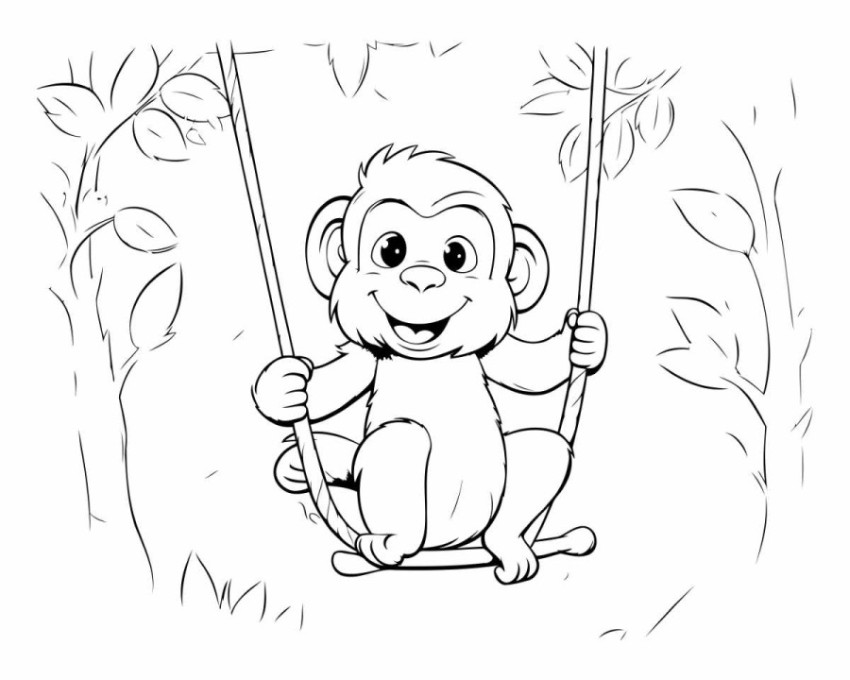 Monkey sitting on a swing in the jungle.