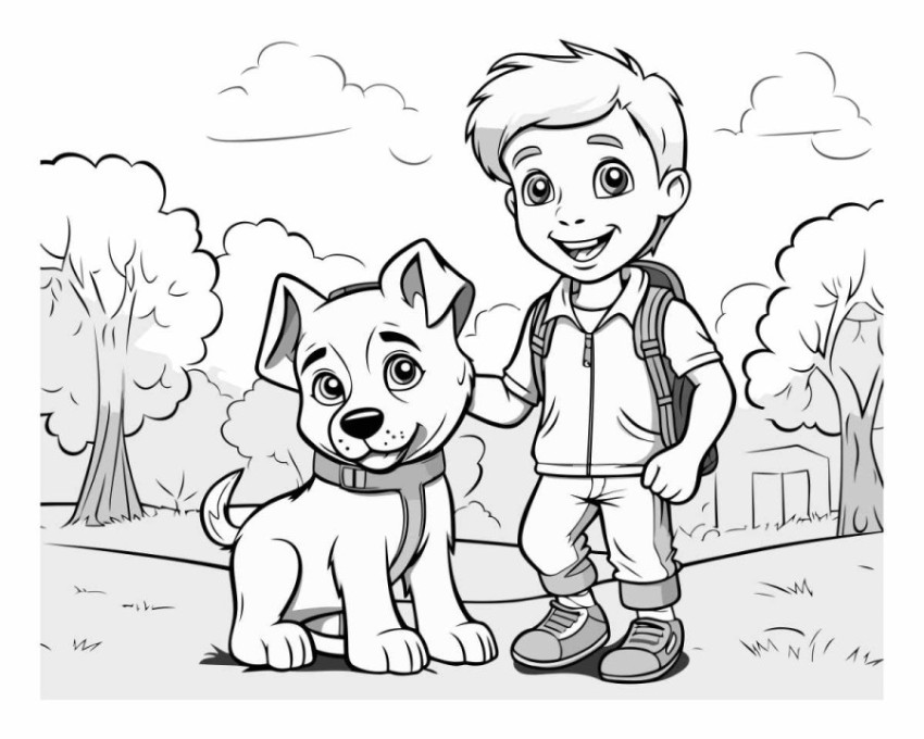 Cute boy with his dog in the park. black and white vector illust