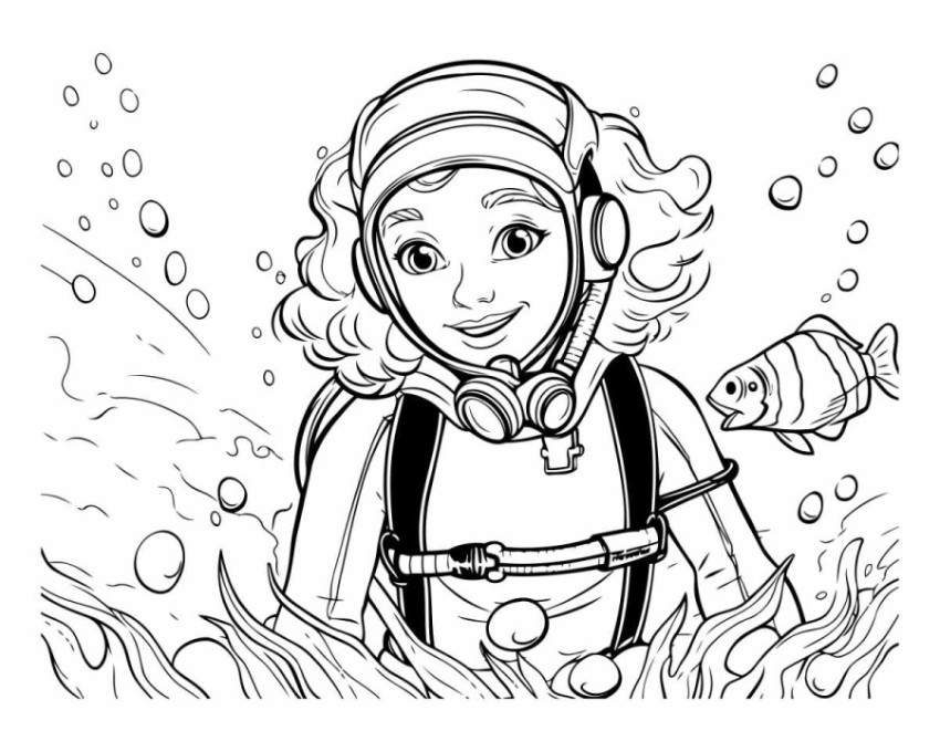 Coloring book for children: underwater world. Cute little girl i