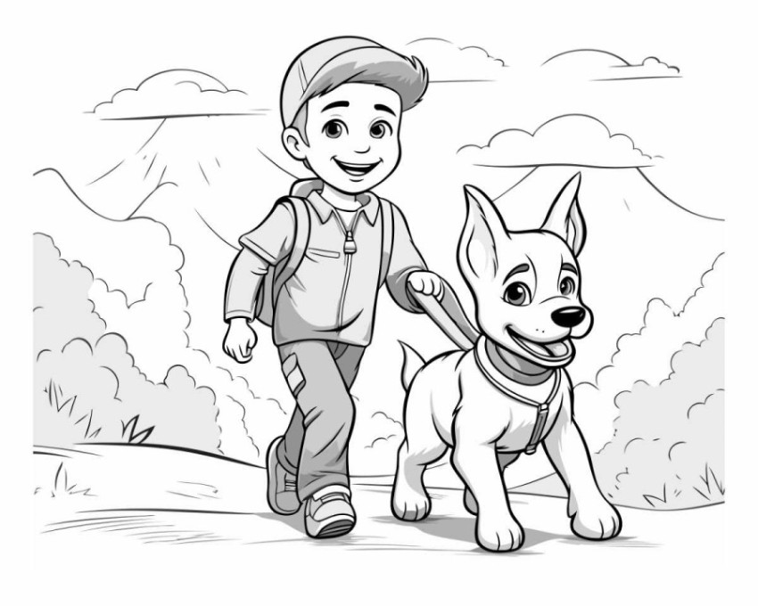 Boy with a dog in the park for coloring book