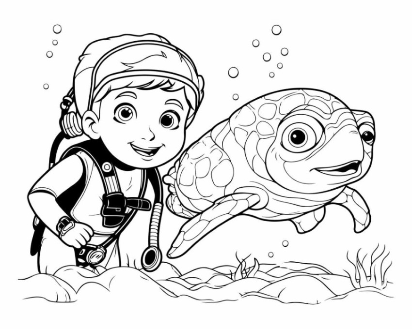 Cute boy in diving suit and helmet swimming with turtle. Colorin