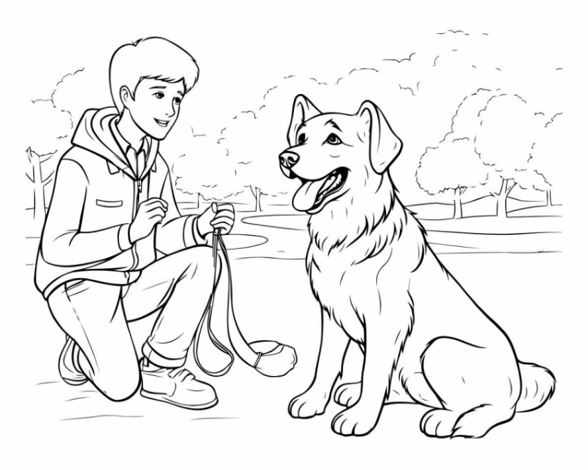 Teenage boy with dog in park. Black and white vector illustratio