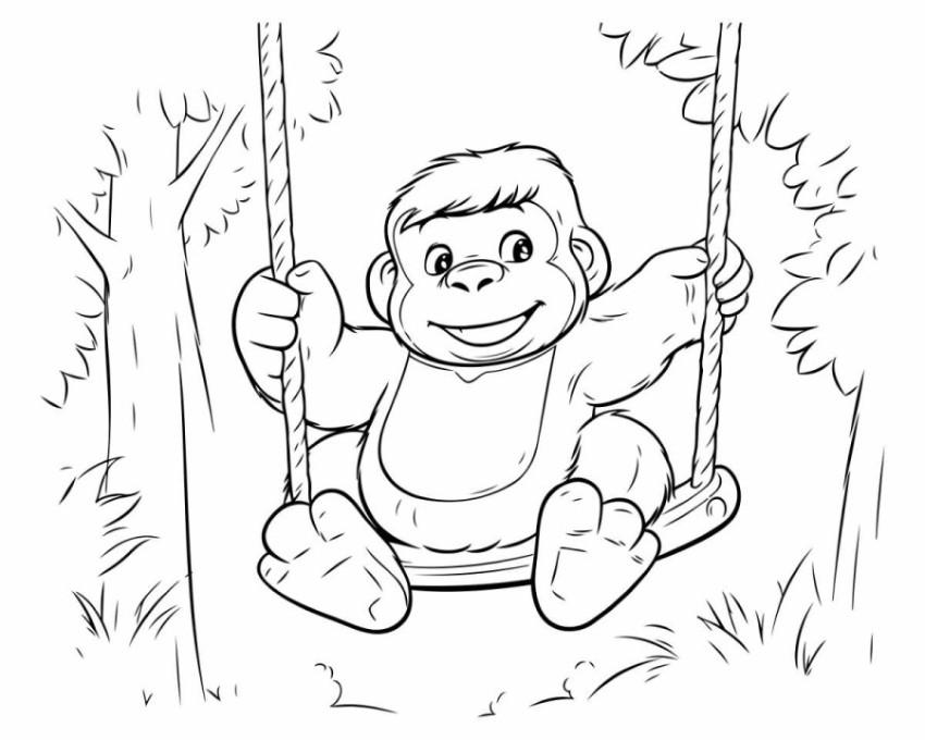 Monkey swinging on a swing. Coloring book for children.