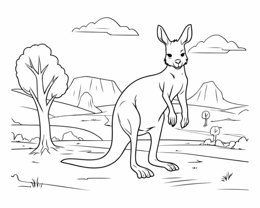 Kangaroo on the meadow. Coloring book page for adults.