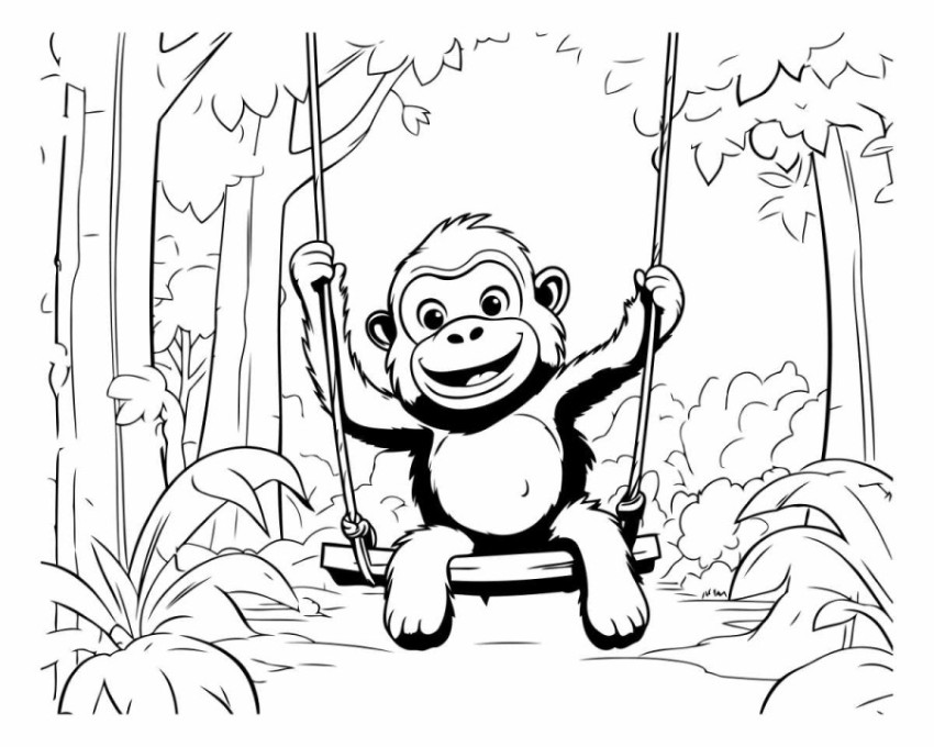 Monkey on swing in jungle - black and white vector illustration.