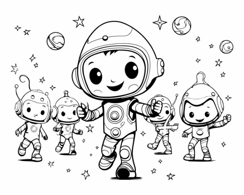 Astronaut and his children in space. Black and white vector illu