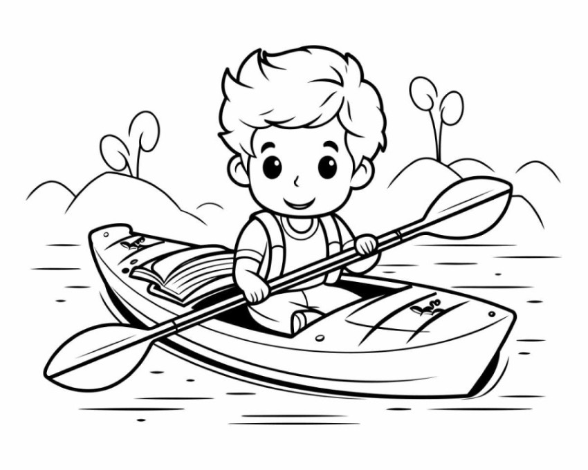 Black and White Cartoon Illustration of Kid Kayaking or Kayaking