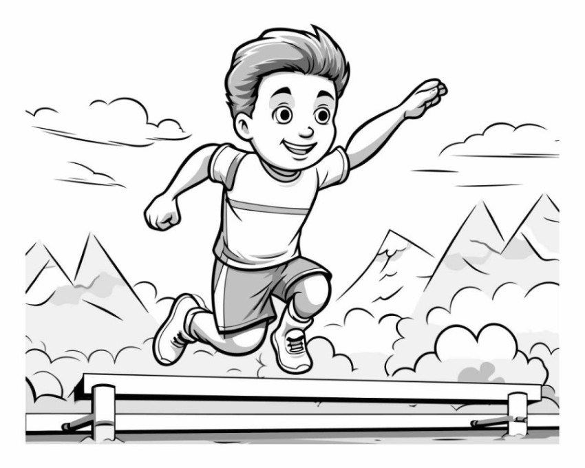 Boy jumping over obstacle on a white background in black and whi