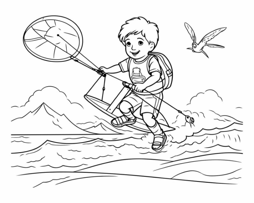 Kitesurfing - black and white vector illustration for coloring b