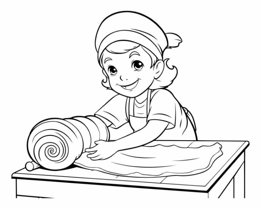 Illustration of a Cute Little Girl Playing with a Rolling Pin