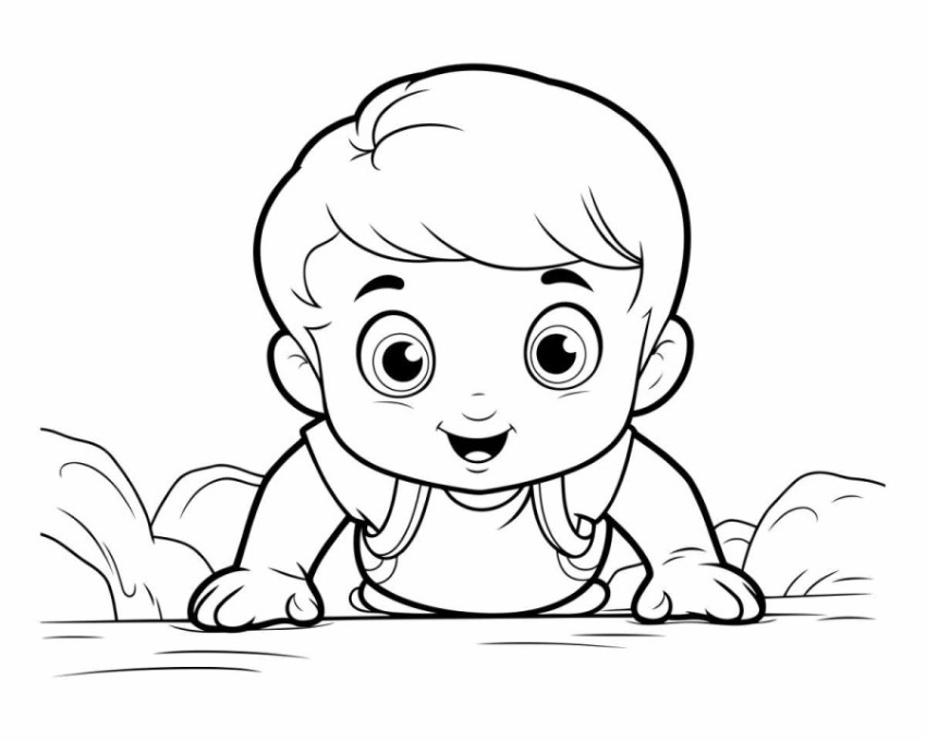 Black and White Cartoon Illustration of Cute Baby Boy Character