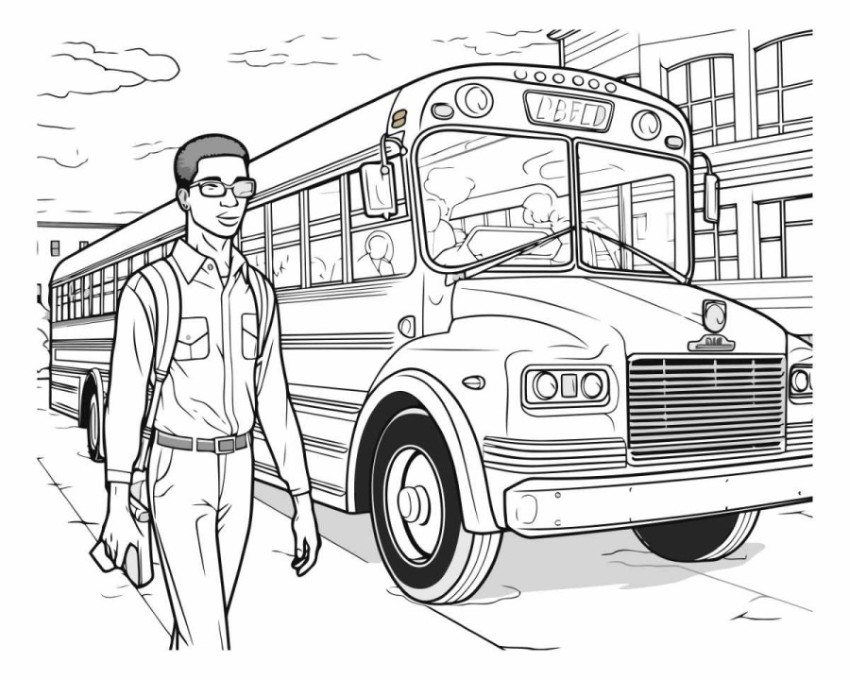 School bus and schoolboy. Black and white vector illustration fo