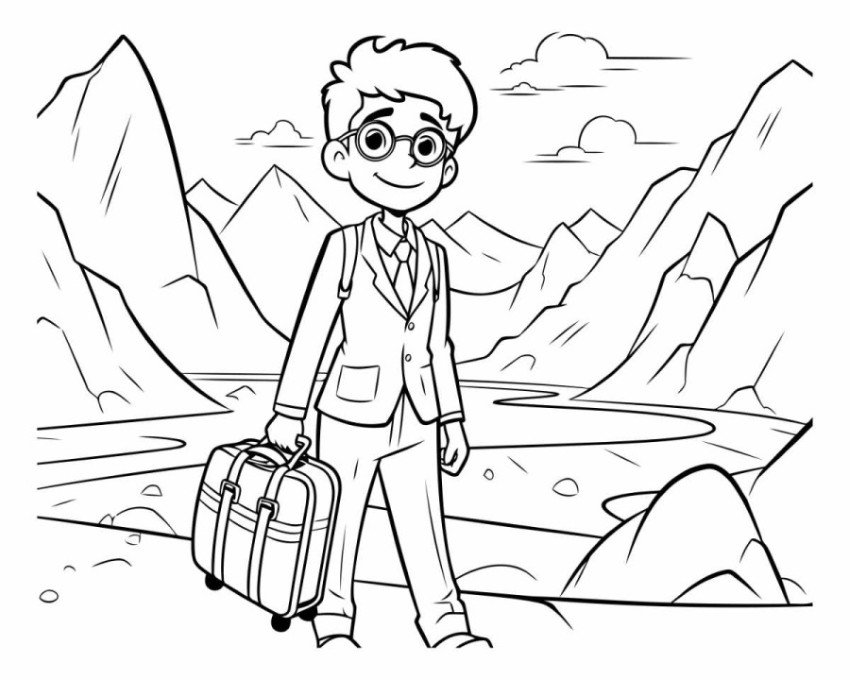 Businessman with suitcase in the mountains for coloring book