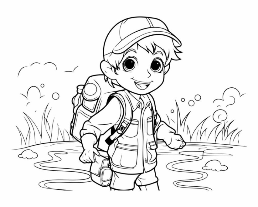 Black and White Cartoon Illustration of Kid Boy Hiking or Campin