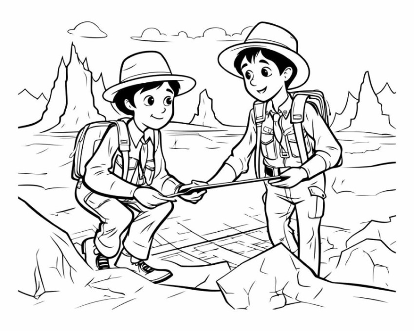 Boy and girl hiking in the mountains. black and white vector ill